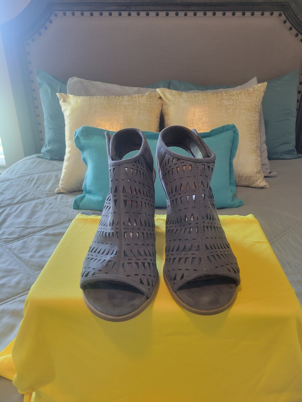 Indigo Grey Laser-Cut Peep-Toe Mules